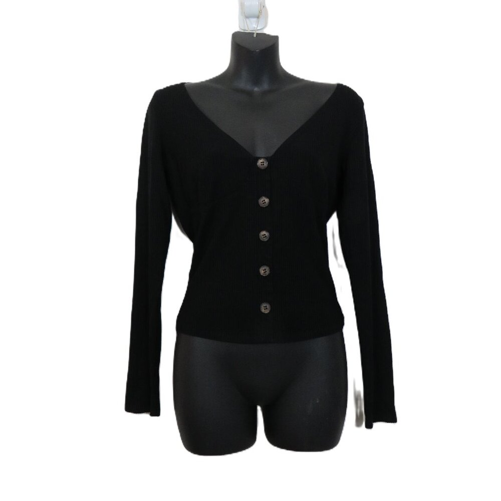 Reformation size Large Long Sleeve Rib Knit Top Button Detail V Neck Black